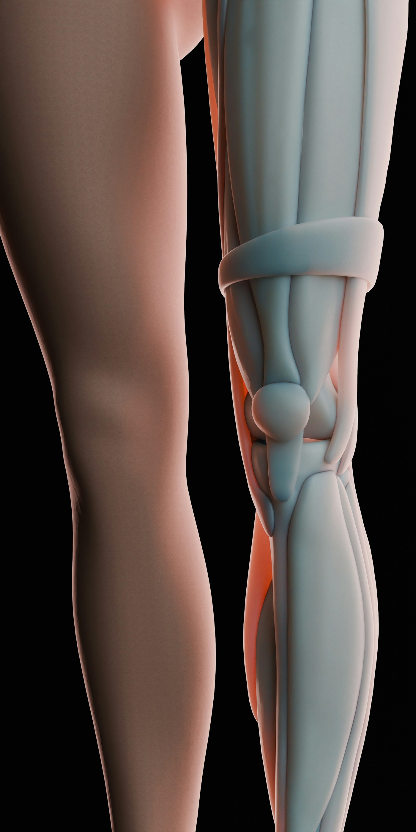 An anatomical illustration of the muscles and bones of the human leg
