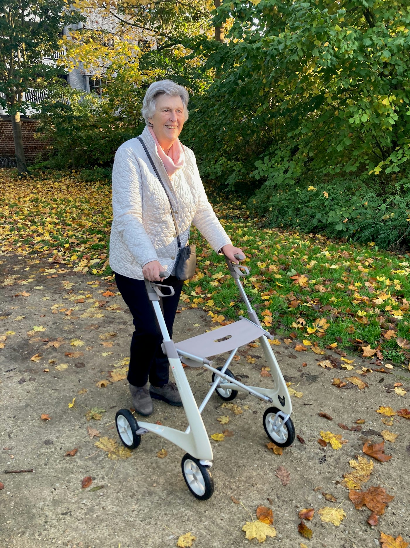 An elderly woman walking with a mobility frame in a park